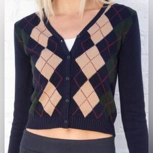 Brandy Melville Elizabeth Argyle Blue& Tan Preppy Schoolgirl Cardigan SZ S/M